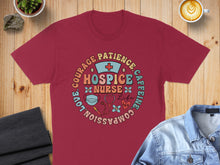 Load image into Gallery viewer, Maroon t-shirt with "Nurse Life" graphic featuring stethoscope, heart, and coffee.
