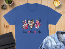 Load image into Gallery viewer, Blue t-shirt with "Peace 💖 love 💖 CMA" text and medical icons.
