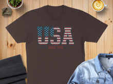 Load image into Gallery viewer, Brown t-shirt with "USA SINCE 1776" in distressed American flag font.
