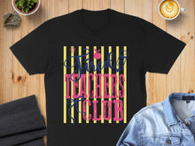 Load image into Gallery viewer, Black t-shirt with "Tired Teachers Club" text and yellow striped background.

