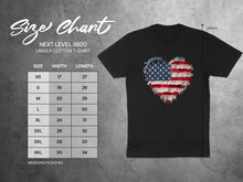 Load image into Gallery viewer, Unisex Next Level 3600 cotton t-shirt size chart with US flag heart graphic.
