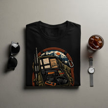 Load image into Gallery viewer, Black t-shirt with backpack graphic featuring radio, map, and mountains.
