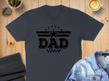 Load image into Gallery viewer, Dark grey t-shirt with black "DAD" text and star graphic.
