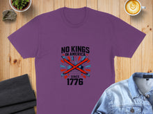 Load image into Gallery viewer, Purple t-shirt with "NO KINGS IN AMERICA SINCE 1776" text and crown graphic.
