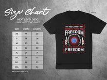 Load image into Gallery viewer, Next Level 3600 unisex t-shirt size chart with graphic.

