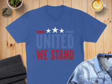 Load image into Gallery viewer, Blue t-shirt with "UNITED WE STAND" text in red and white stars.
