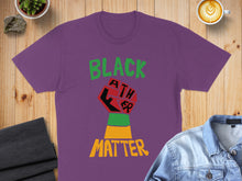 Load image into Gallery viewer, Purple t-shirt with Black Lives Matter fist graphic and text.
