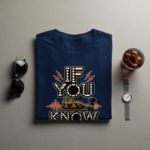 Load image into Gallery viewer, Navy t-shirt with text "IF YOU KNOW" and a vintage telegraph key.
