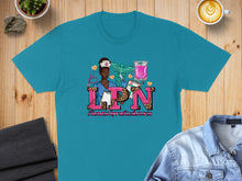 Load image into Gallery viewer, Turquoise t-shirt with LPN graphic, stethoscope, and medical bag.
