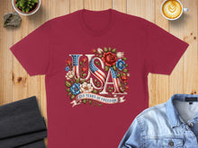 Load image into Gallery viewer, Red t-shirt with "USA 250 Years of Freedom" text and American flag floral design.
