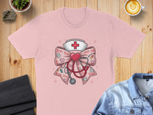 Load image into Gallery viewer, Pink t-shirt featuring a nurse's cap and stethoscope adorned with "XOXO" text.
