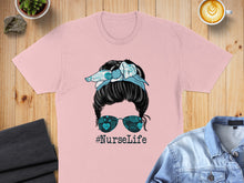 Load image into Gallery viewer, T-shirt featuring a messy bun hairstyle with nurse-themed bandana and sunglasses.
