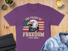 Load image into Gallery viewer, Purple t-shirt with eagle and American flag, "250 Years of Freedom 1776-2026."
