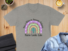 Load image into Gallery viewer, Gray t-shirt with colorful rainbow and medical symbols, "This is What an Awesome Pediatric Nurse Looks Like."
