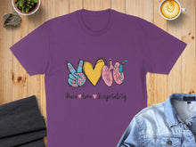 Load image into Gallery viewer, Purple t-shirt with peace sign, heart, and lungs; text reads "Peace love Respiratory".
