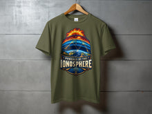 Load image into Gallery viewer, Green t-shirt with graphic of Earth, sun, and text "POWERED BY THE IONOSPHERE".
