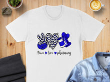 Load image into Gallery viewer, White t-shirt with "Peace Love Pharmacy" text and leopard print heart.
