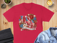 Load image into Gallery viewer, Red t-shirt with USA flag and floral design, 250 Years of Freedom text.
