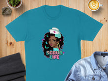 Load image into Gallery viewer, Teal t-shirt featuring a woman with dark curly hair, nurse's cap, and "SCRUB LIFE" text.
