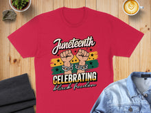 Load image into Gallery viewer, Juneteenth shirt celebrating black freedom with linked fists and flag colors.
