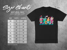 Load image into Gallery viewer, Size chart for a unisex cotton t-shirt with width and length measurements in inches.
