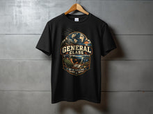 Load image into Gallery viewer, Black t-shirt with "General Class HF is Calling" graphic featuring a globe, radio operator, and landscape.
