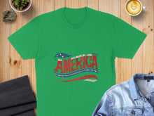 Load image into Gallery viewer, Green t-shirt with distressed "AMERICA" text in red, white, and blue.
