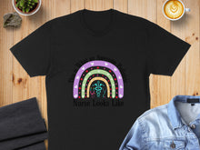 Load image into Gallery viewer, Black t-shirt with rainbow and stethoscope design, "This Is What An Awesome Pediatric Nurse Looks Like".
