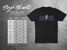 Load image into Gallery viewer, Size chart for Next Level 3600 unisex cotton t-shirt in inches.
