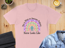 Load image into Gallery viewer, Pink t-shirt with "This is What An Awesome Pediatric Nurse Looks Like" and stethoscope rainbow.
