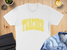Load image into Gallery viewer, White t-shirt with yellow checkered "TEACHER" text on chest.
