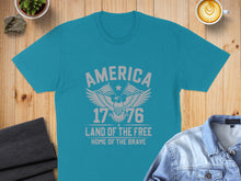 Load image into Gallery viewer, Teal t-shirt with "America Land of the Free Home of the Brave" and an eagle design.
