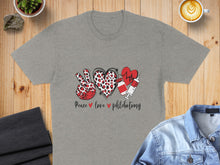 Load image into Gallery viewer, Grey t-shirt with "Peace ♡ Love ♡ Phlebotomy" text and medical icons.
