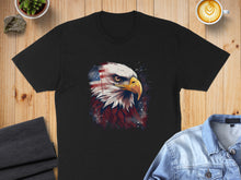 Load image into Gallery viewer, Black t-shirt with eagle and American flag graphic.
