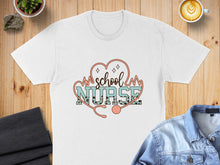 Load image into Gallery viewer, White t-shirt with "School Nurse" text and stethoscope design.
