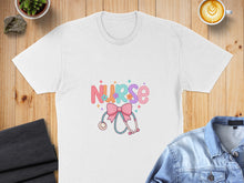 Load image into Gallery viewer, White t-shirt with "NURSE" text and stethoscope graphic.
