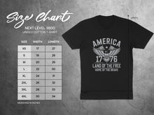 Load image into Gallery viewer, Next Level 3600 unisex t-shirt size chart with width and length measurements.
