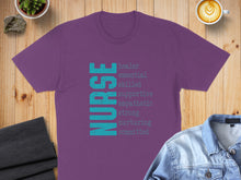 Load image into Gallery viewer, Purple t-shirt with "NURSE" stacked and surrounded by descriptive words.
