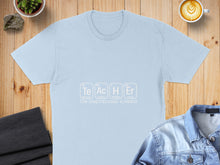 Load image into Gallery viewer, Light blue t-shirt with "Te Ac H Er" periodic table elements spelling "Teacher".
