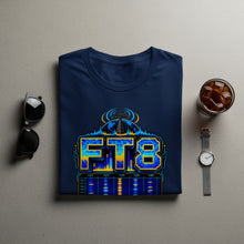 Load image into Gallery viewer, Navy t-shirt with FT8 graphic featuring world, radio tower, and waterfall display.
