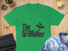 Load image into Gallery viewer, Green t-shirt with "The Grillfather" text and a fork with a hot dog.
