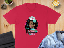 Load image into Gallery viewer, Red t-shirt with "Scrub Life" text and a woman wearing a nurse's hat.
