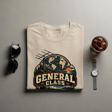Load image into Gallery viewer, Cream t-shirt with "GENERAL CLASS" text and a globe graphic.
