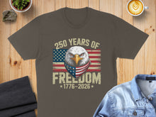 Load image into Gallery viewer, Brown t-shirt with eagle, American flag, and "250 Years of Freedom 1776-2026".
