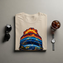 Load image into Gallery viewer, T-shirt with graphic of Earth, atmosphere, sun, and radio waves with letters FED.
