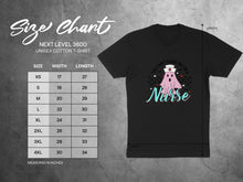 Load image into Gallery viewer, Unisex cotton t-shirt size chart with measurements and a graphic of a nurse ghost.
