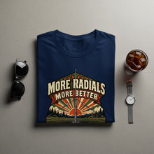 Load image into Gallery viewer, Navy t-shirt with "More Radials More Better" graphic and sunset scene.
