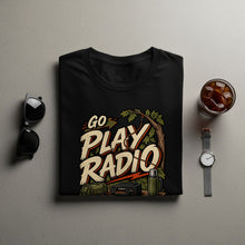 Load image into Gallery viewer, Black t-shirt with "Go Play Radio" text, camping gear, and tree illustration.
