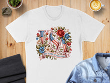 Load image into Gallery viewer, White t-shirt featuring "USA 250 Years of Freedom" with a floral patriotic design.
