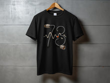 Load image into Gallery viewer, Black t-shirt with a stylized "73" graphic made of a cord and waveform.
